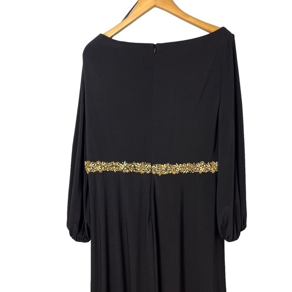 Mac Duggal Jersey V Neck Maxi Dress Gold Beaded Size 20 Leg Slit Formal - Picture 9 of 12